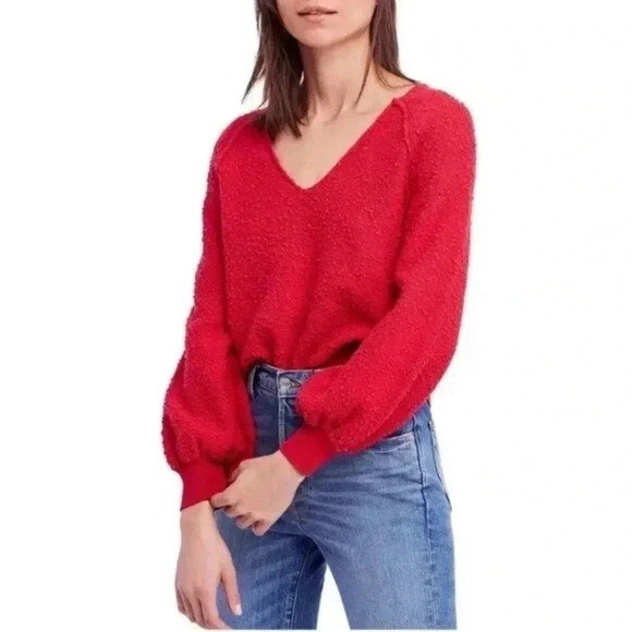 Free People popcorn v neck sweater Size Medium in Red - Picture 1 of 9